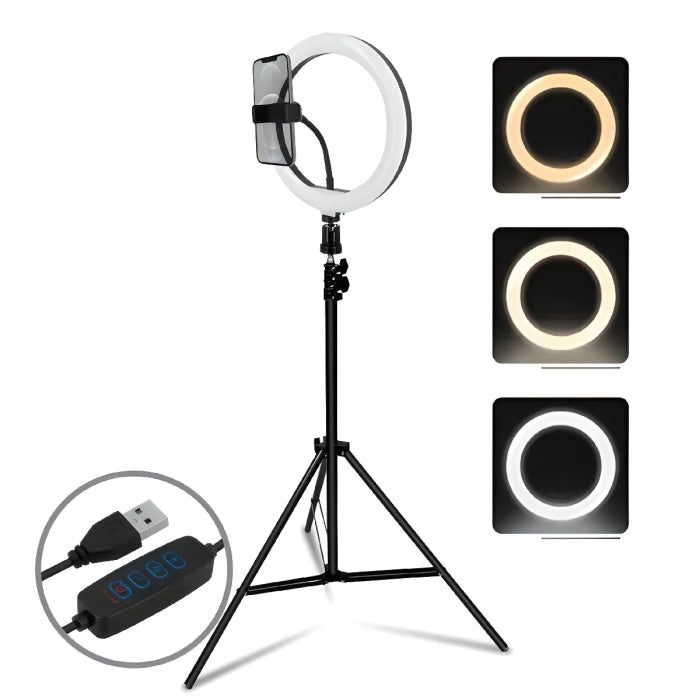 Ring light avec support téléphone de 3 couleurs et 10 modes 26 cm