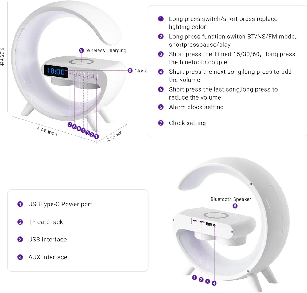 Lampe LED - haut-parleur Bluetooth - chargeur sans fil
