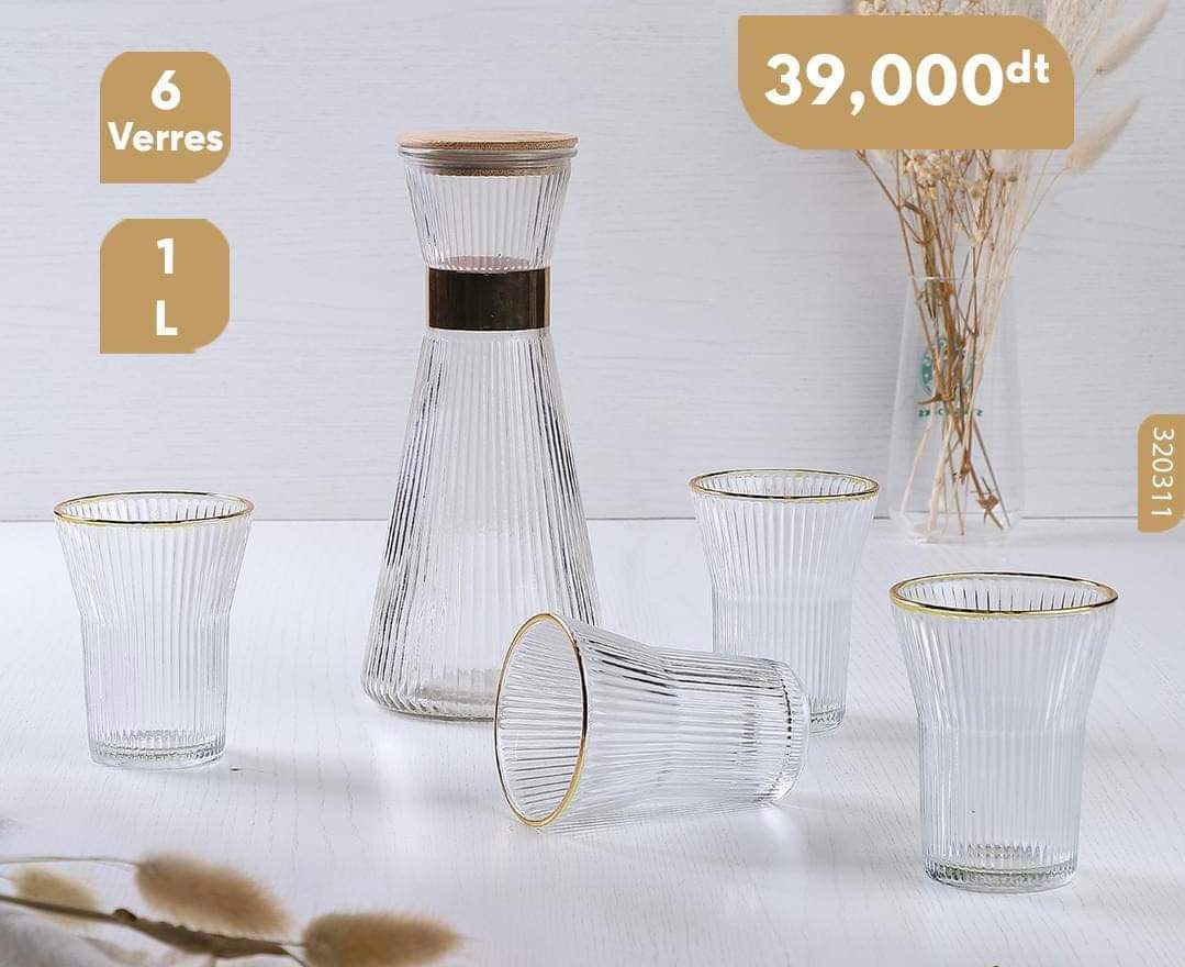 Service à Boisson 7 Pièces Carafe Et 6 Verres en Verre avec Bord Doré