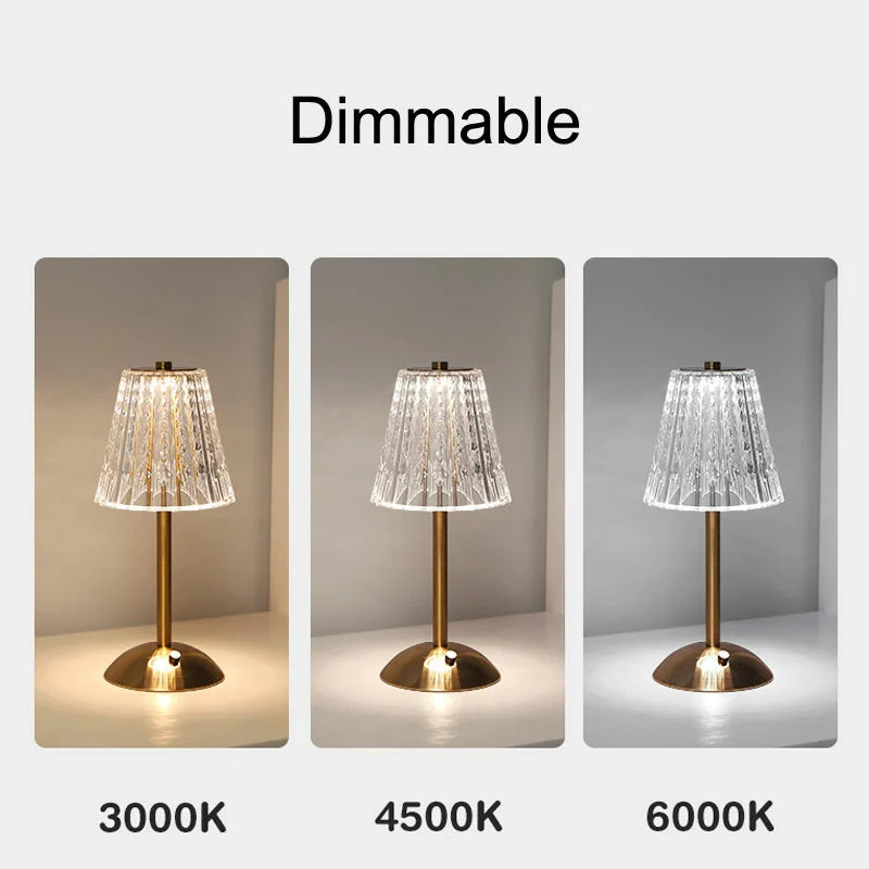 Lampe de table LED en cristal sans fil à intensité tactile